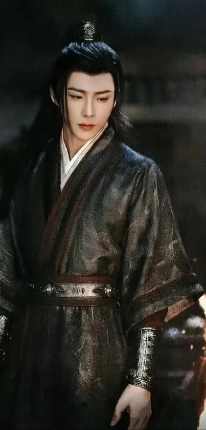 Elegant warrior in dark robes with a mysterious backdrop.