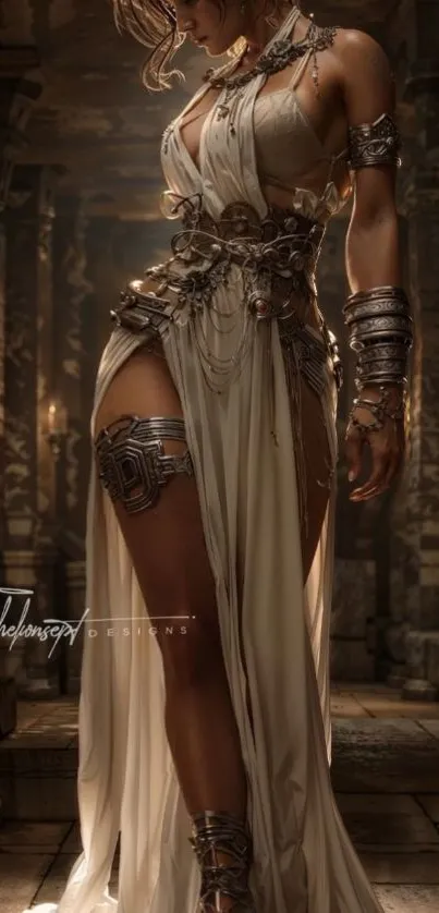 Fantasy warrior in ornate armor standing in a historical setting.