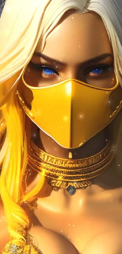 Elegant female warrior in gold armor with a mask