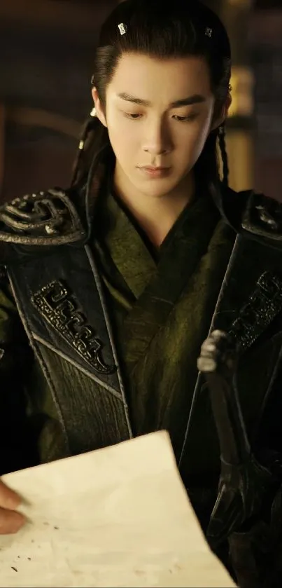 Elegant warrior in dark green attire holding a parchment.