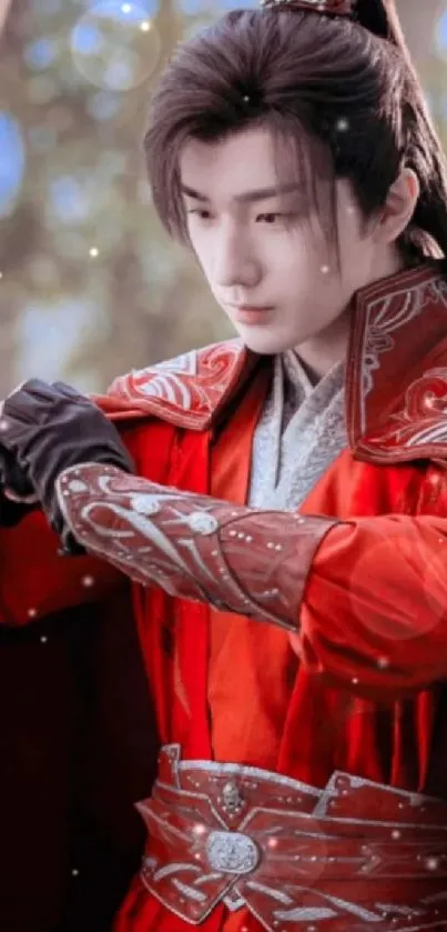 Serene warrior in red, intricate attire.