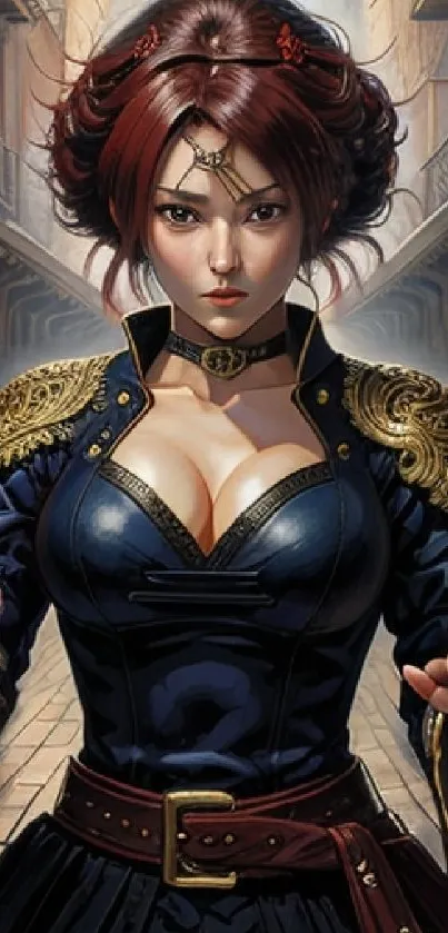 Elegant fantasy warrior in navy royal attire.