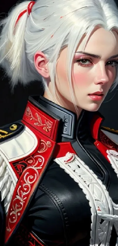 Elegant anime warrior with white hair and intricate armor.