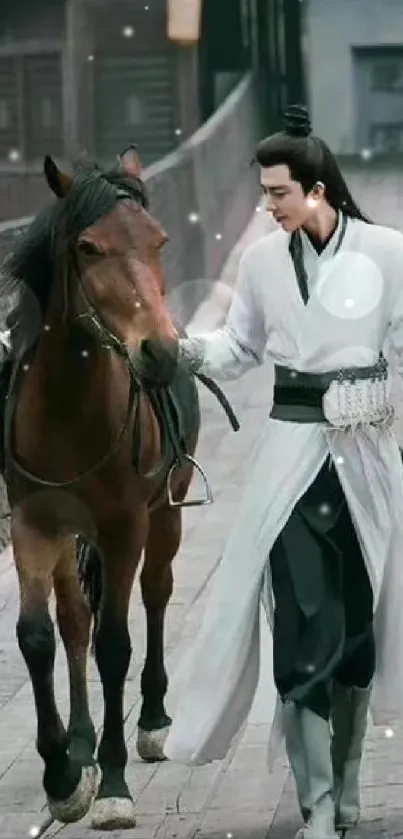 A warrior in traditional attire walks a horse on a wooden bridge.