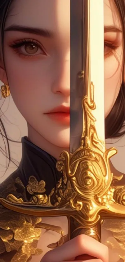 Anime warrior girl with golden sword in elegant design wallpaper.