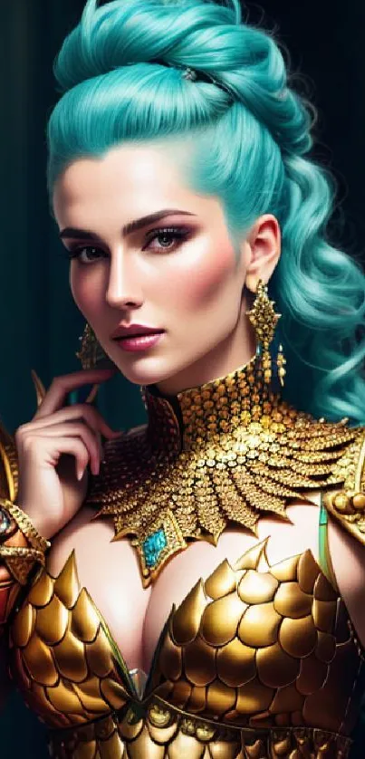 Mystical warrior with turquoise hair in golden armor set against a dark background.