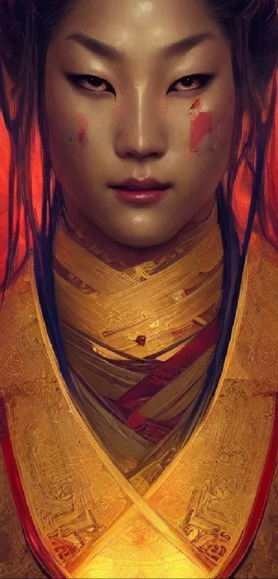 Elegant warrior portrait with gold accents and vibrant colors on a mobile wallpaper.