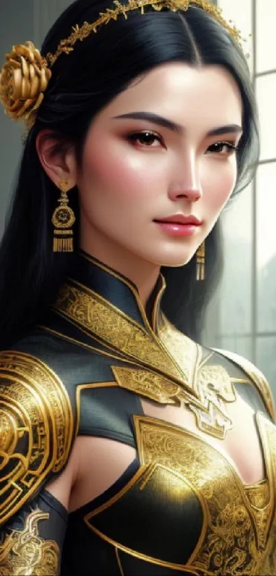 Elegant warrior with golden armor in a regal setting.