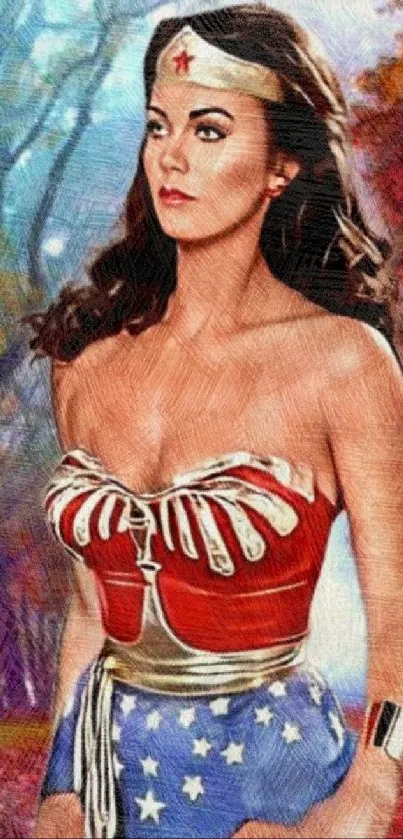 Artistic warrior princess in forest scene.