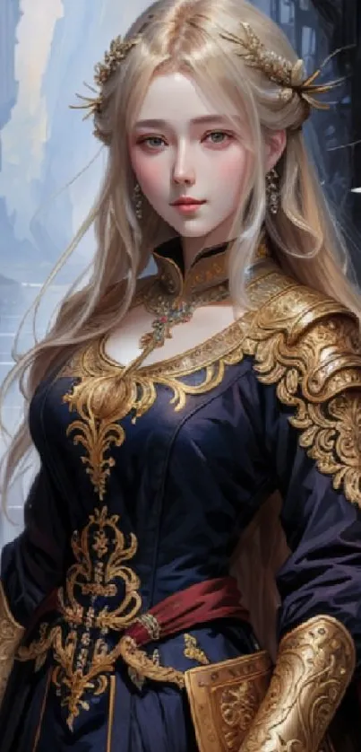 Elegant warrior princess with gold accents in fantasy setting.