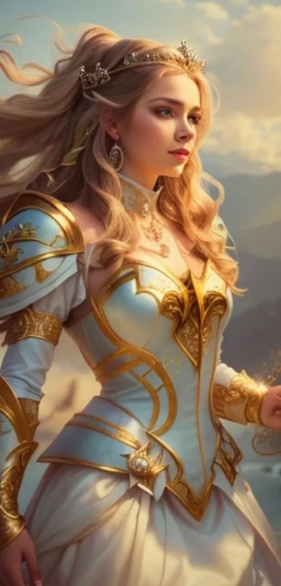 Fantasy warrior princess in golden armor with scenic backdrop.