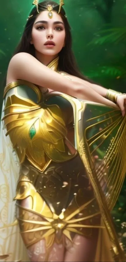 A captivating warrior princess in golden armor with a lush green backdrop.