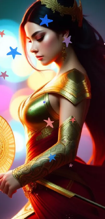 Fantasy warrior princess with gold armor and vibrant colors, holding a disc.