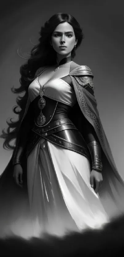 Grayscale illustration of a warrior princess in elegant armor and flowing gown.