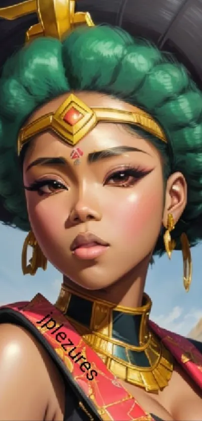 Warrior princess with elaborate jewelry and vibrant hairstyle in a desert setting.