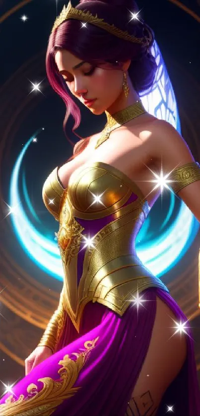 Elegant warrior princess with gold accents and vibrant colors in fantasy setting.
