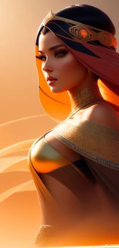 Fantasy warrior princess in elegant attire against warm hues.