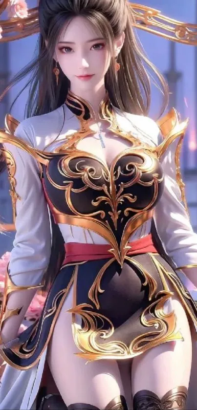Anime warrior princess with golden armor in a fantasy setting.