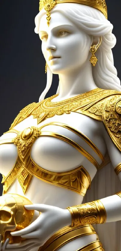 Elegant warrior queen statue with gold armor and crown.