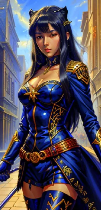 Stylish fantasy warrior in a blue outfit standing in a vibrant street scene.