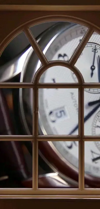 Elegant watch viewed through an arched window frame.