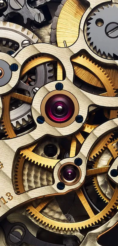 Intricate golden watch mechanism with visible gears.