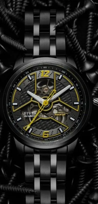 Luxury watch surrounded by black screws.