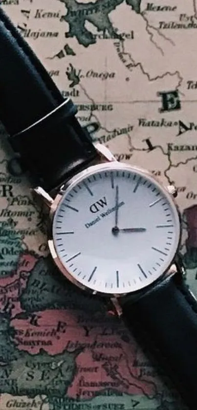 Classic watch on a vintage map background, exuding timeless elegance.