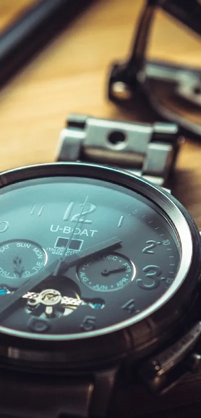 Elegant wrist watch on a wooden desk with pen and glasses.