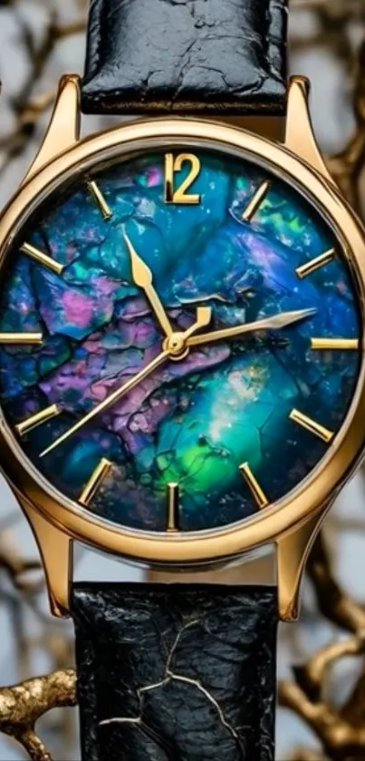 Elegant watch with opal-like dial and gold frame on artistic background.