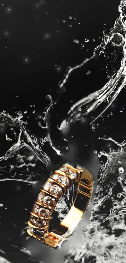 Gold ring with water splashes on black background wallpaper.