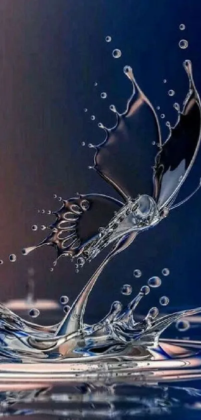 Intricate water splash forming a butterfly against a dark blue background.