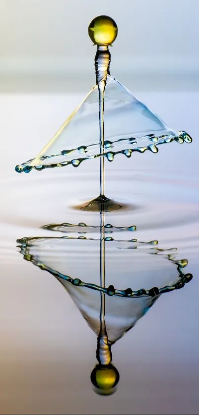 Water drop with reflection on a calm surface, creating a symmetrical design.