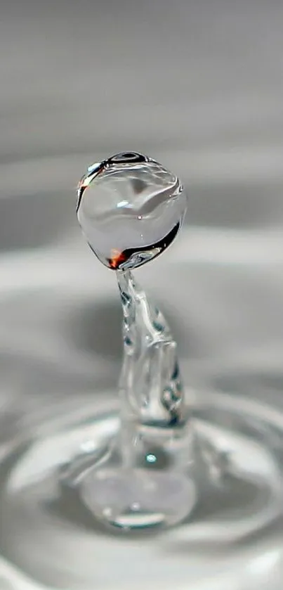 Close-up of a clear water drop creating ripples on a gray surface.