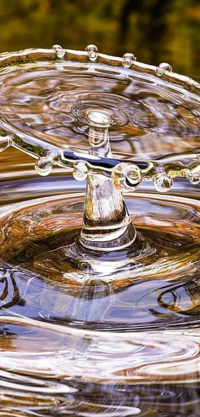 Intricate water droplet splash with golden ripples and reflections.