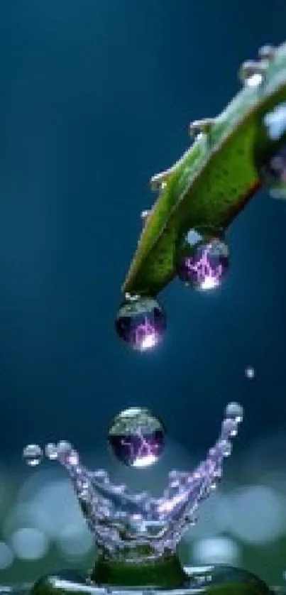Water droplet splashing from leaf with vibrant reflections.