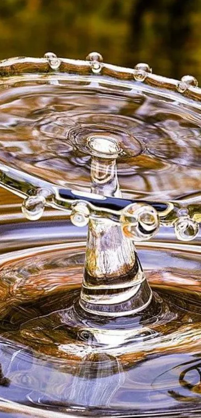 Elegant water droplet art with ripples and reflections, featuring a golden hue.