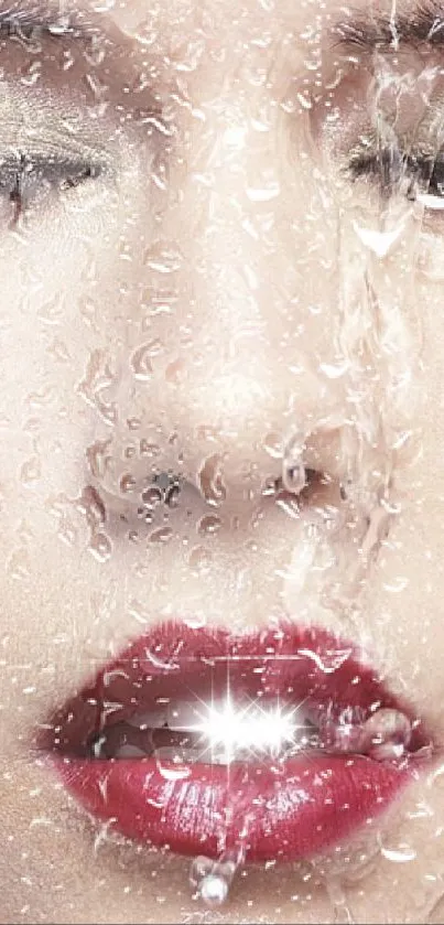 Close-up of a face with water in artistic makeup.