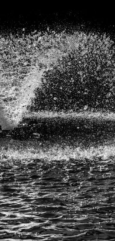 Black and white water fountain wallpaper with splashing droplets.