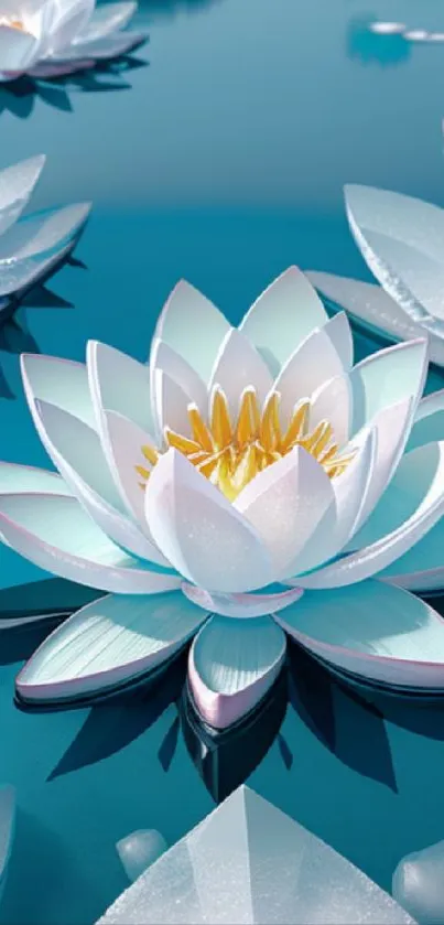 Close-up of a white water lily on a teal blue background.