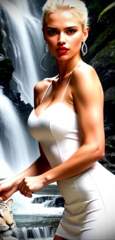 Elegant woman in white dress by waterfall and white tiger.