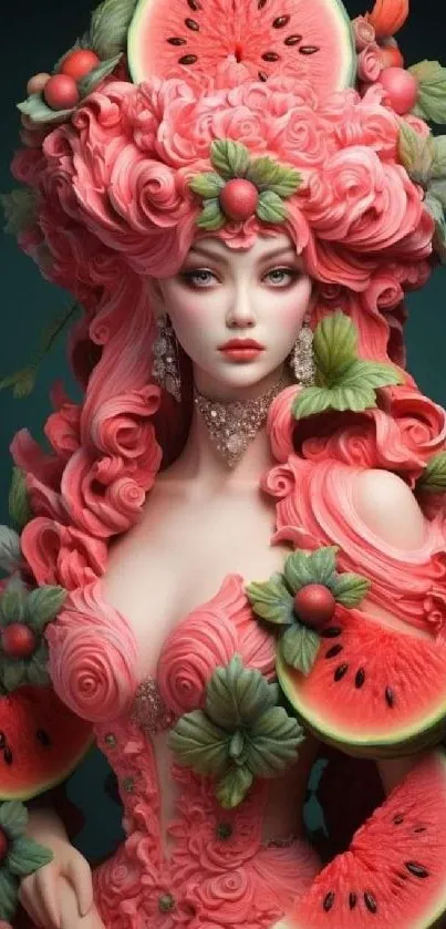 Watermelon-themed art with pink and green details in an elegant style.