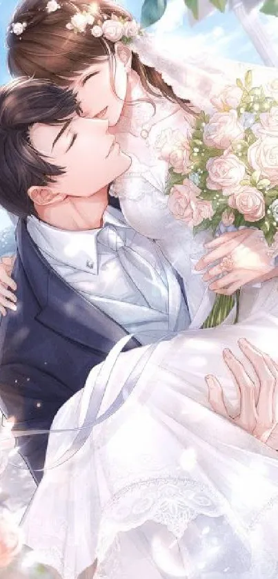 Anime wedding scene with bride and groom embracing.