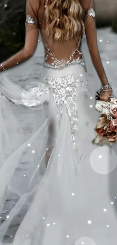 Bride in a white dress holding a bouquet, exuding elegance and romance.