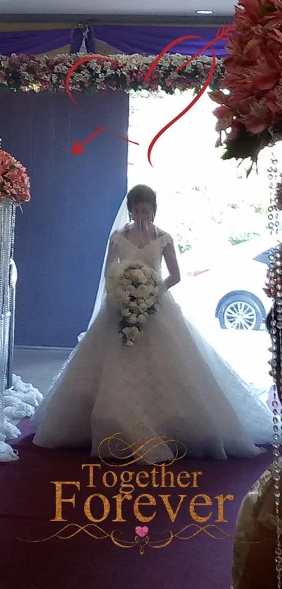 Bride with elegant dress and floral decor in a wedding scene.