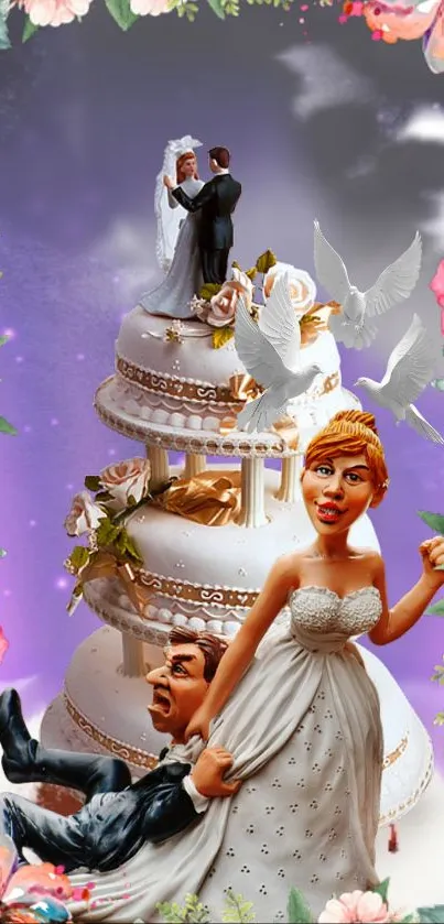 Wedding cake with figurines and flowers