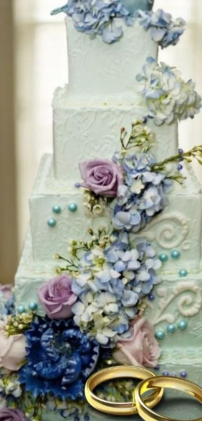 Ornate wedding cake with floral accents and rings.