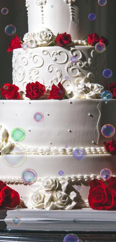 Luxurious white wedding cake with red roses