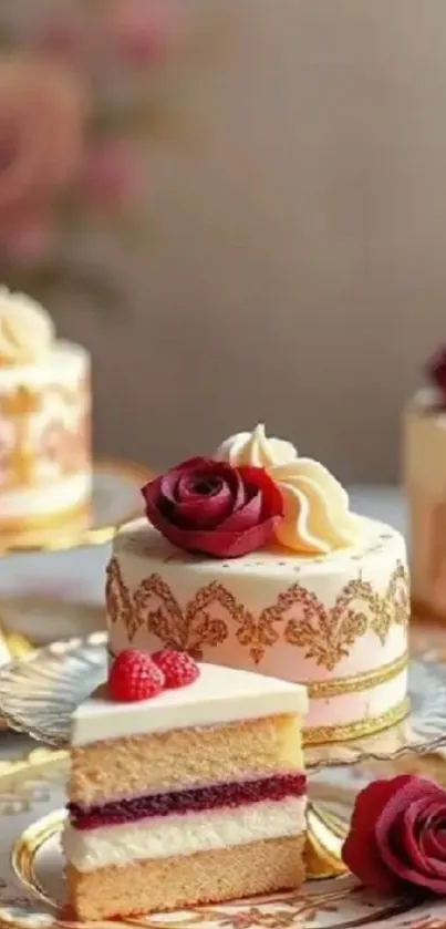 Elegant wedding cake with raspberry layers and floral accents on a gold platter.