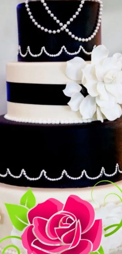 Elegant black and white wedding cake with floral accents.